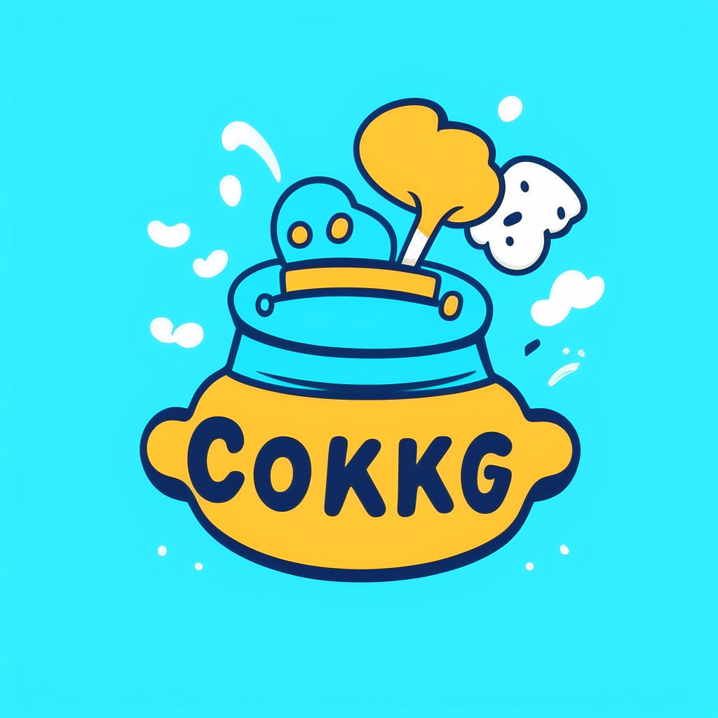a cartoon logo with the word cooking in a playful font on a blue background