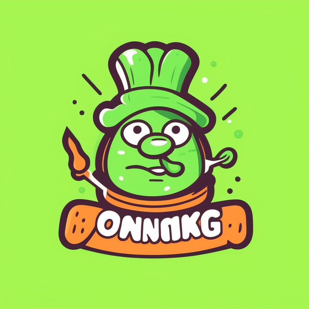 a cartoon logo with the word cooking in a fun font on a green background