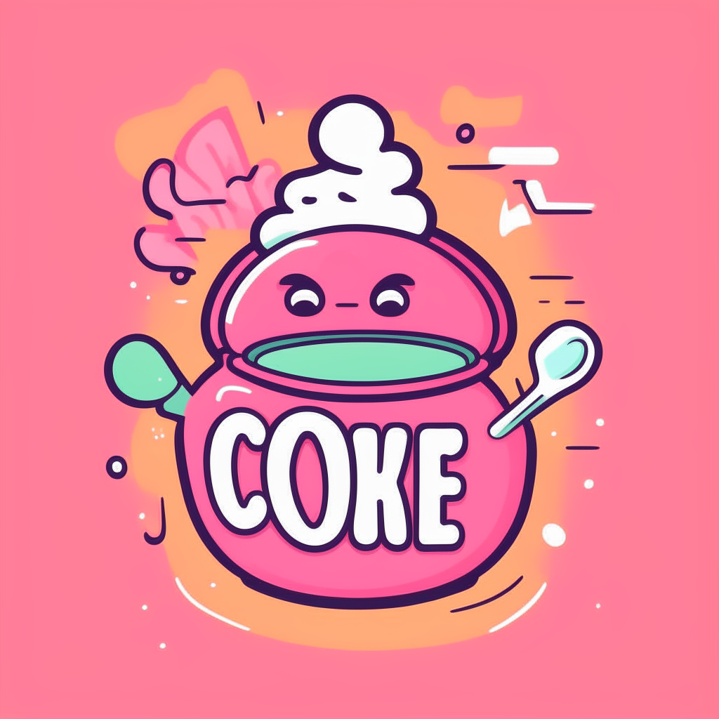 a cartoon logo with the word cooking in a fun font on a pink background