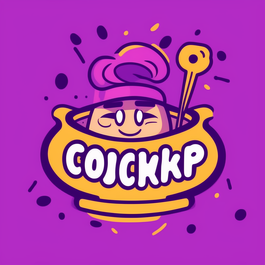 a cartoon logo with the word cooking in a playful font on a purple background
