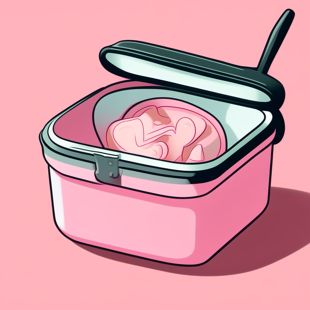 a cartoon lunch box with a spoon inside, against a pink background