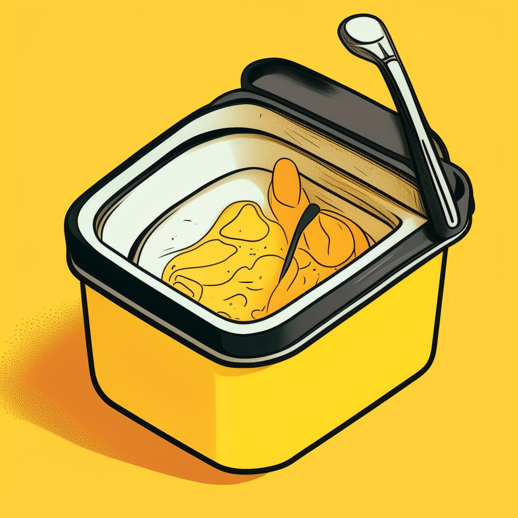 a cartoon lunch box with a spoon inside, against a yellow background