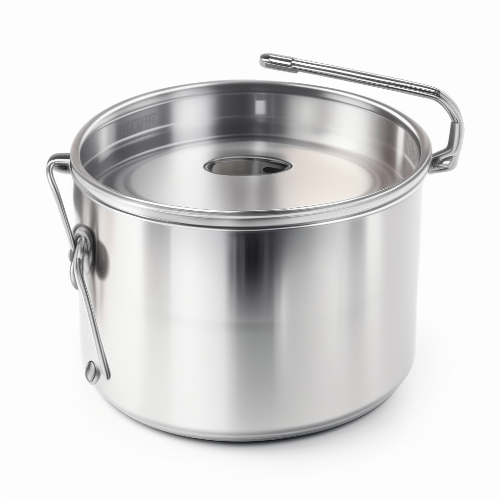 a stainless steel food boiler with a spoon inside, isolated on white
