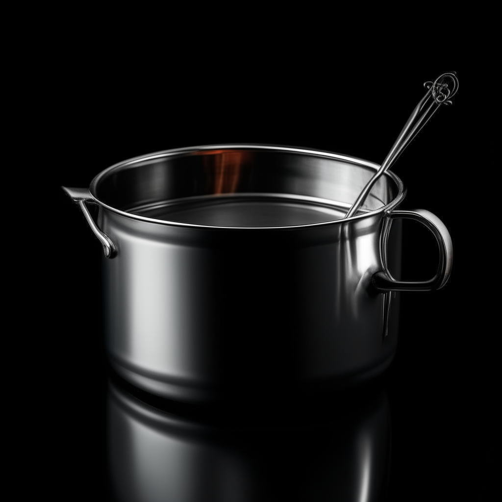 a stainless steel food boiler with a spoon inside, isolated on black