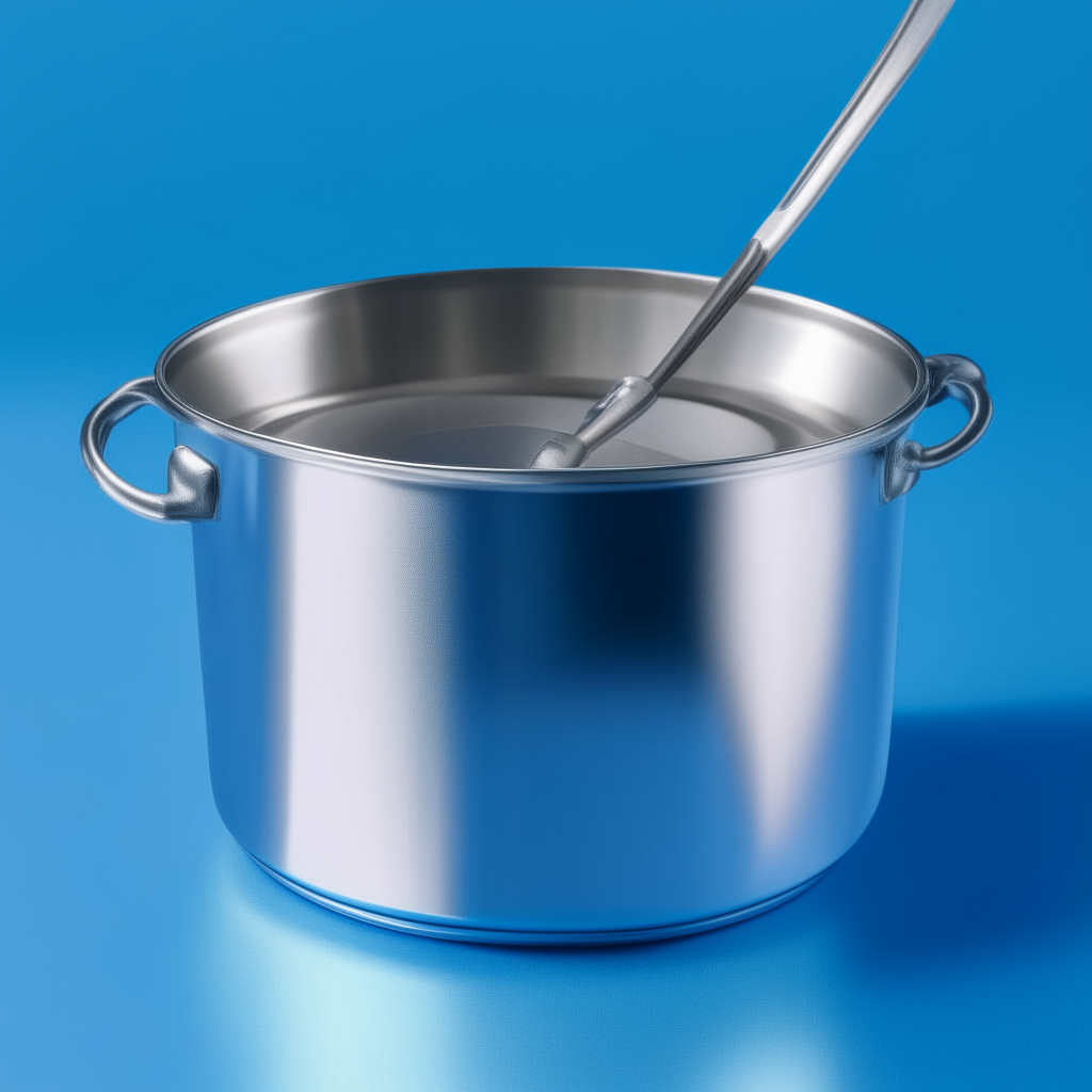a stainless steel food boiler with a spoon inside, isolated on blue