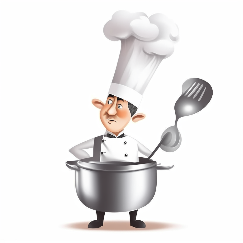 a cartoon of a stainless steel food boiler with a spoon inside and a chef in a white hat, isolated on a white background