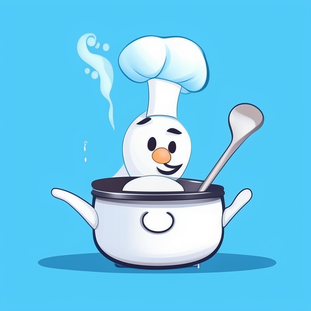 a cartoon of a stainless steel food boiler with a spoon inside and a chef in a white hat, isolated on a blue background
