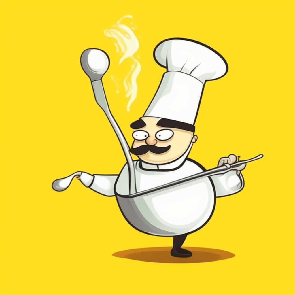 a cartoon of a stainless steel food boiler with a spoon inside and a chef in a white hat, isolated on a yellow background