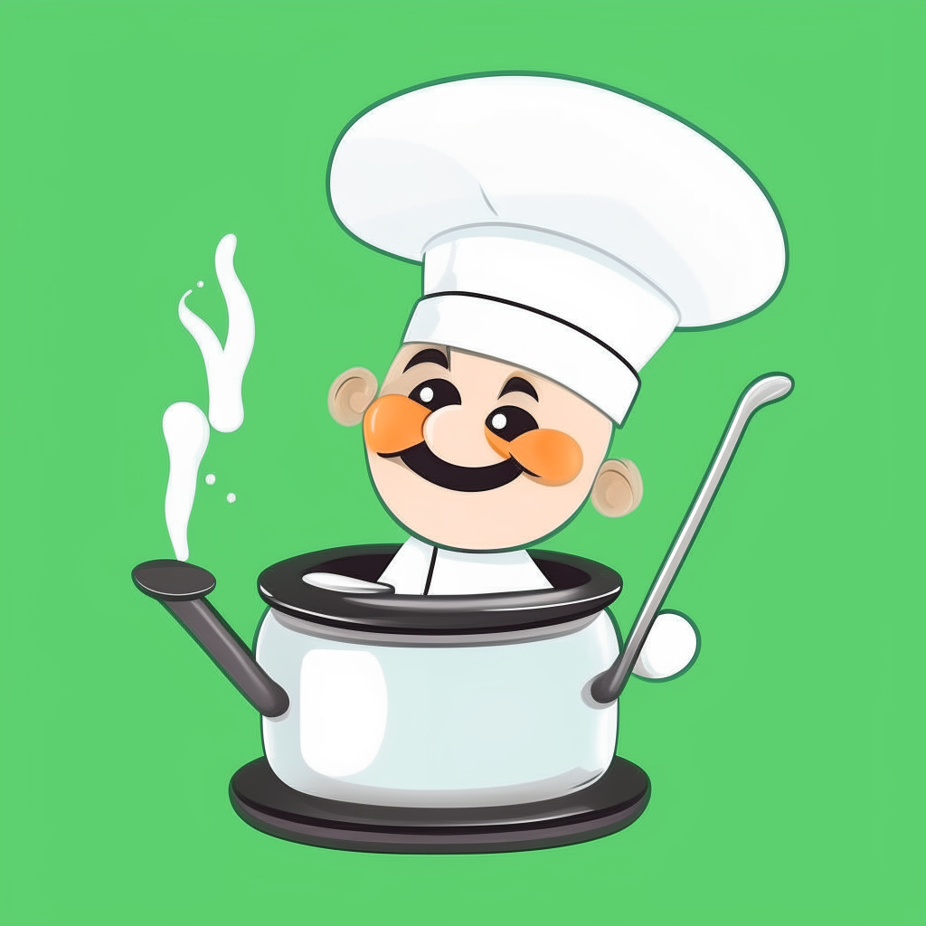 a cartoon of a stainless steel food boiler with a spoon inside and a chef in a white hat, isolated on a green background