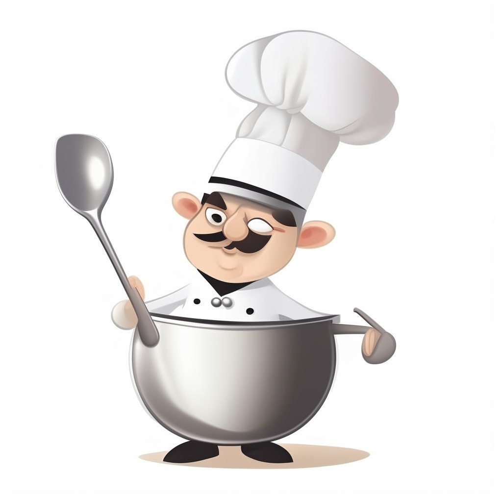a cartoon stainless steel food boiler with a spoon inside and a chef in a white hat, isolated with no background