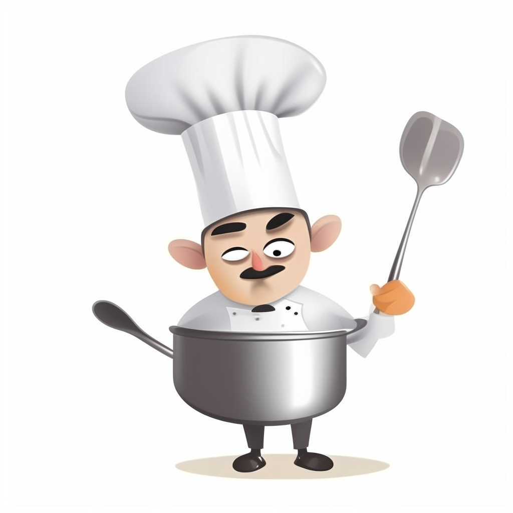 a cartoon stainless steel food boiler with a spoon inside and a chef in a white hat, isolated with no background