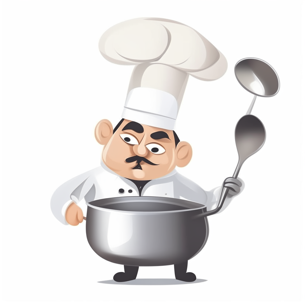 a cartoon stainless steel food boiler with a spoon inside and a chef in a white hat, isolated with no background