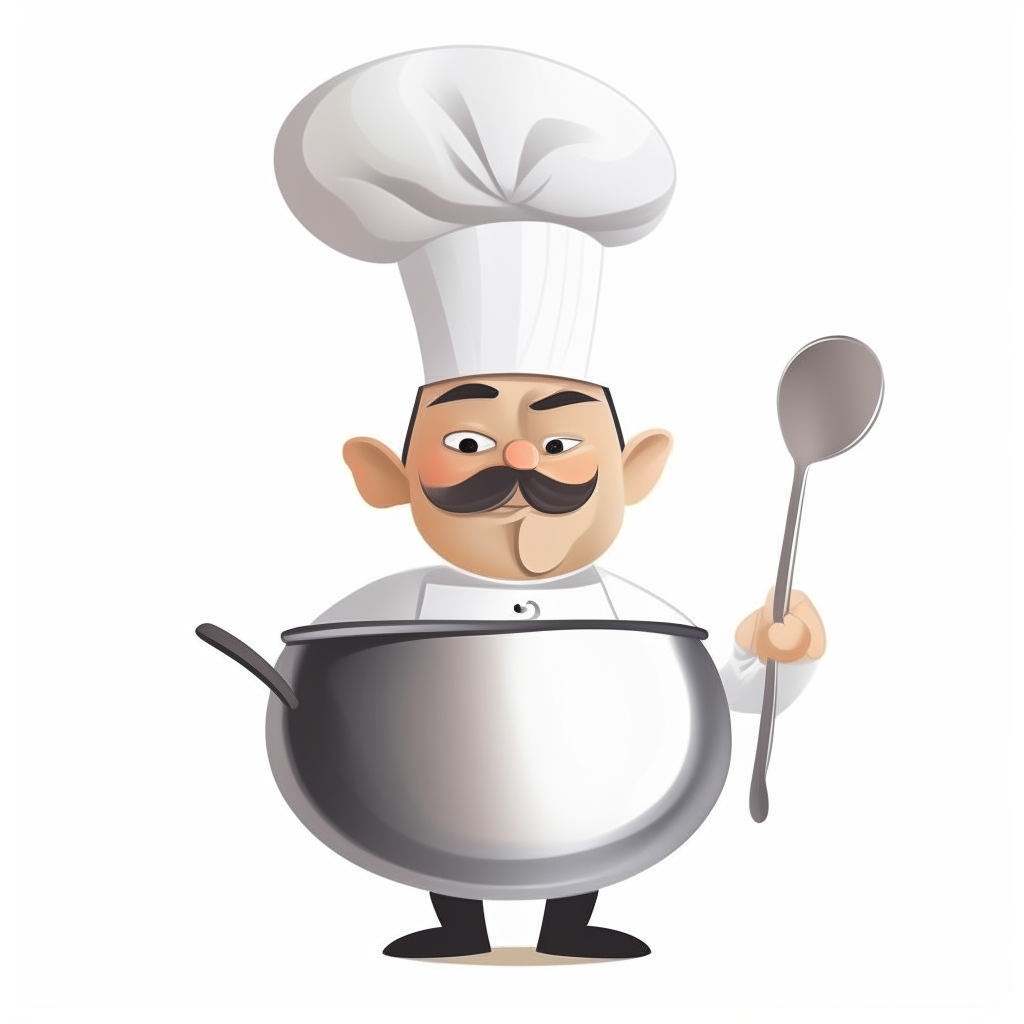 a cartoon stainless steel food boiler with a spoon inside and a chef in a white hat, isolated with no background