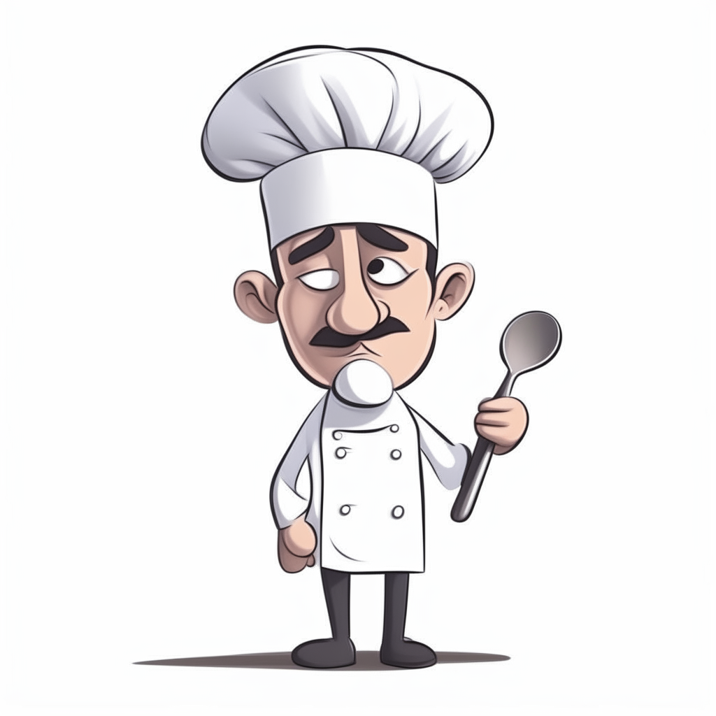 a cartoon drawing of a chef wearing a white hat and holding a ladle, isolated on a white background