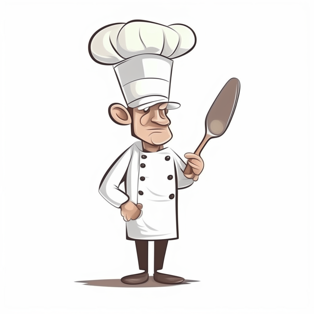 a cartoon drawing of a chef wearing a white hat and holding a spatula, isolated on a white background