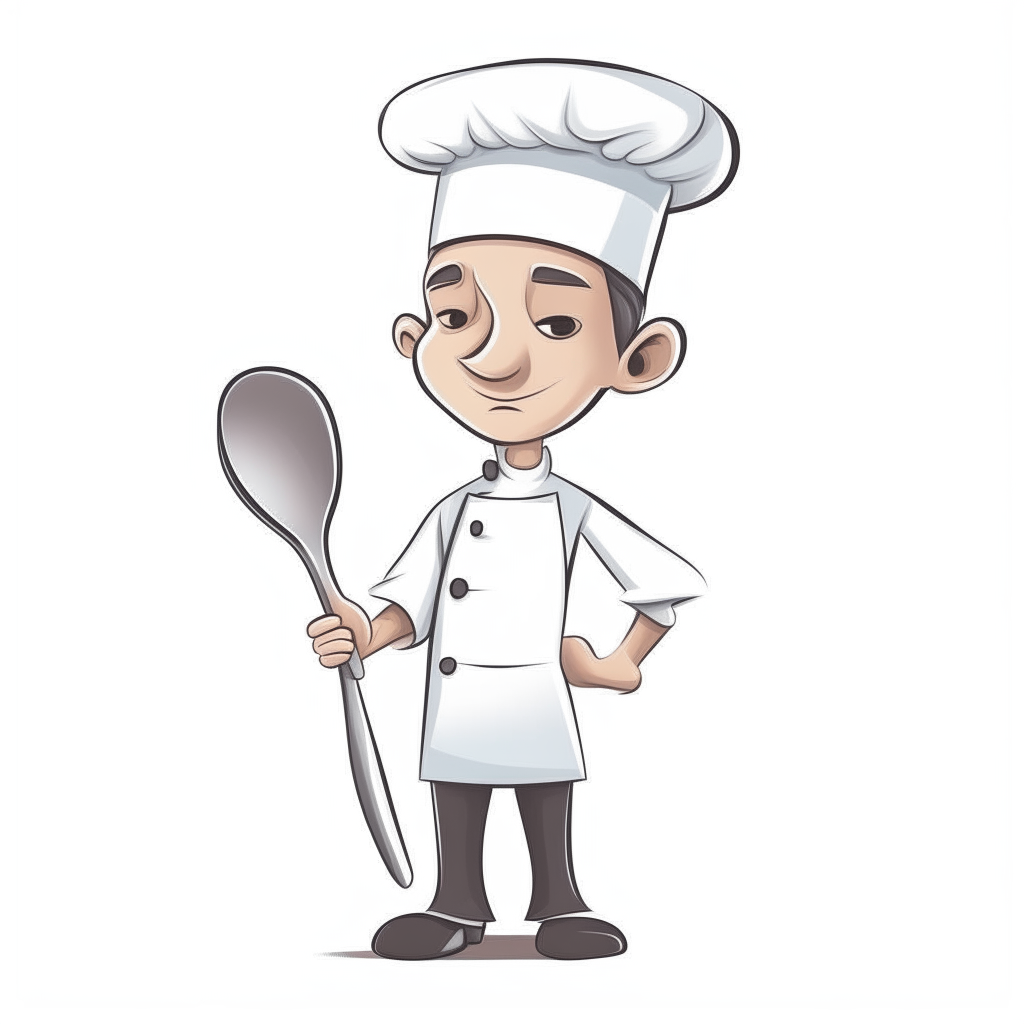 a cartoon drawing of a chef wearing a white hat and holding a spoon, isolated on a white background