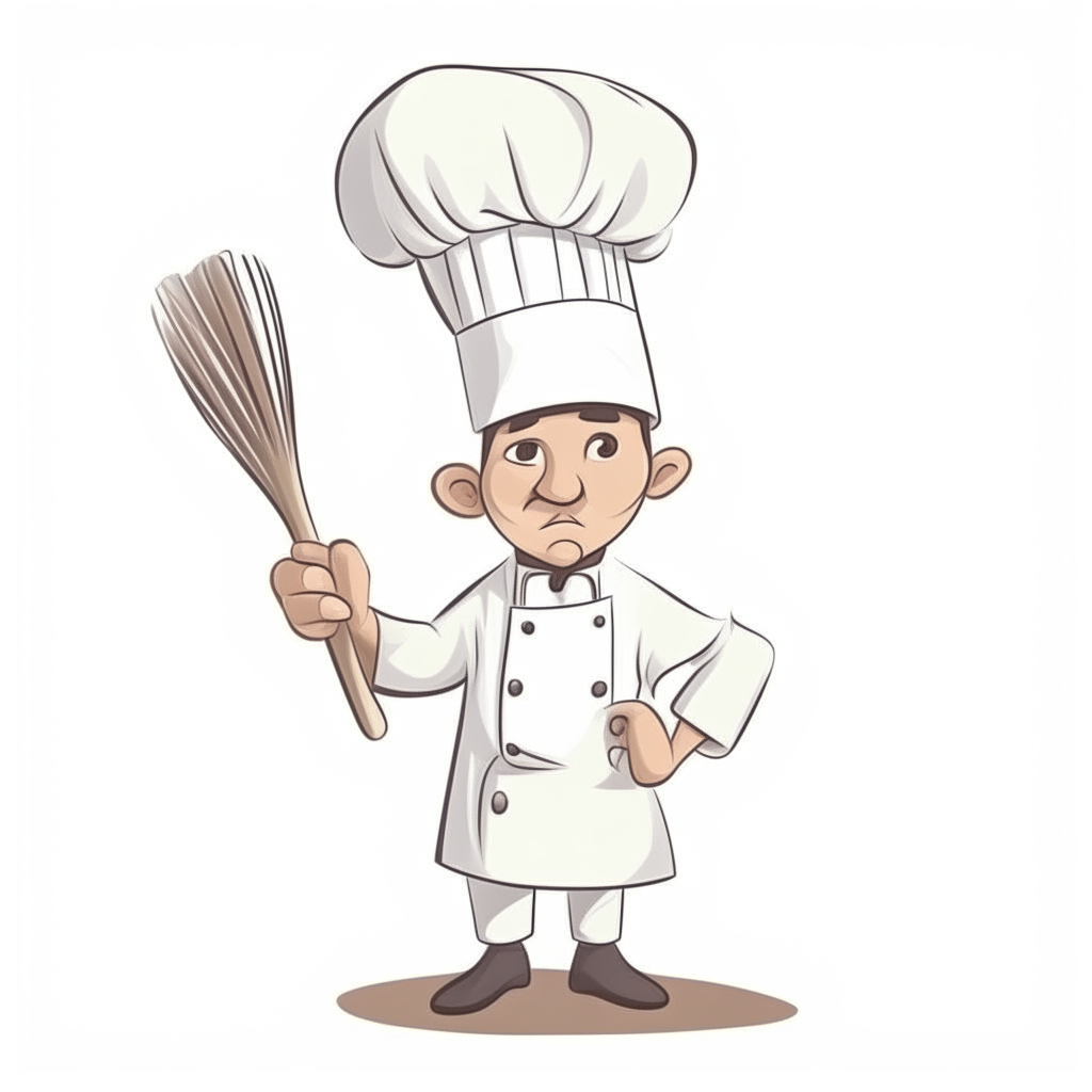 a cartoon drawing of a chef wearing a white hat and holding a whisk, isolated on a white background