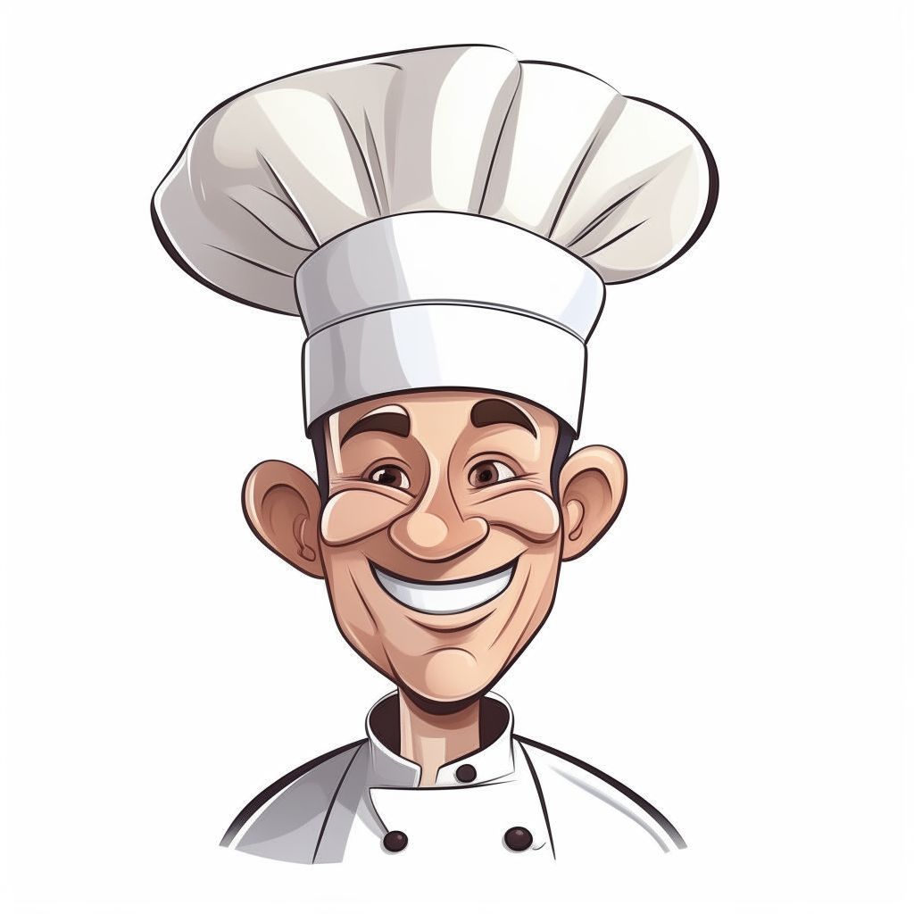 a cute cartoon drawing of a smiling chef wearing a white hat, isolated on a white background