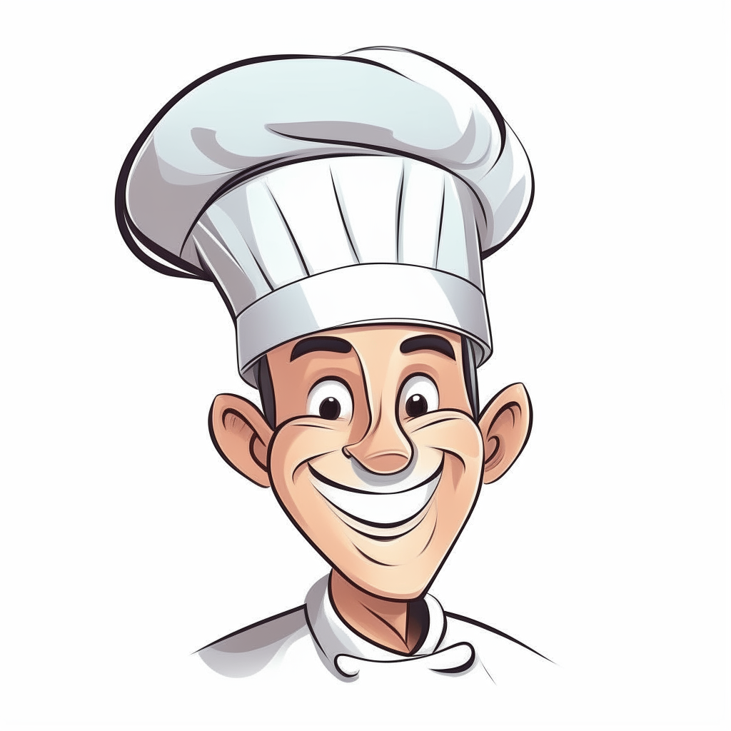 a cute cartoon drawing of a smiling chef wearing a white hat, isolated on a white background