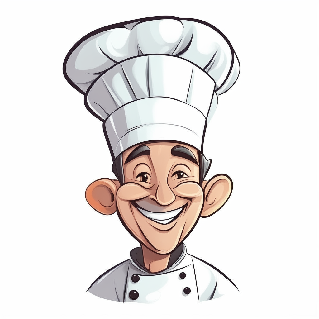 a cute cartoon drawing of a smiling chef wearing a white hat, isolated on a white background