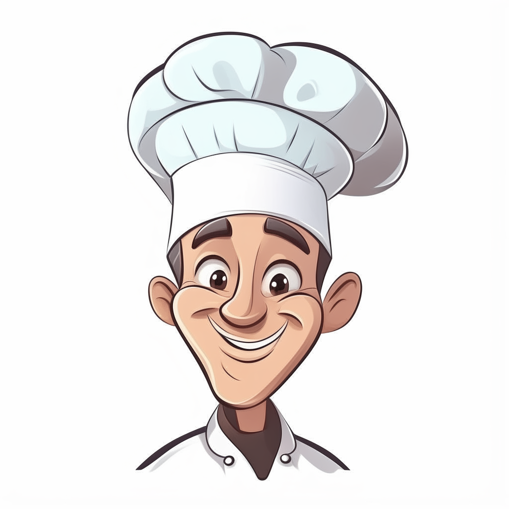 a cute cartoon drawing of a smiling chef wearing a white hat, isolated on a white background