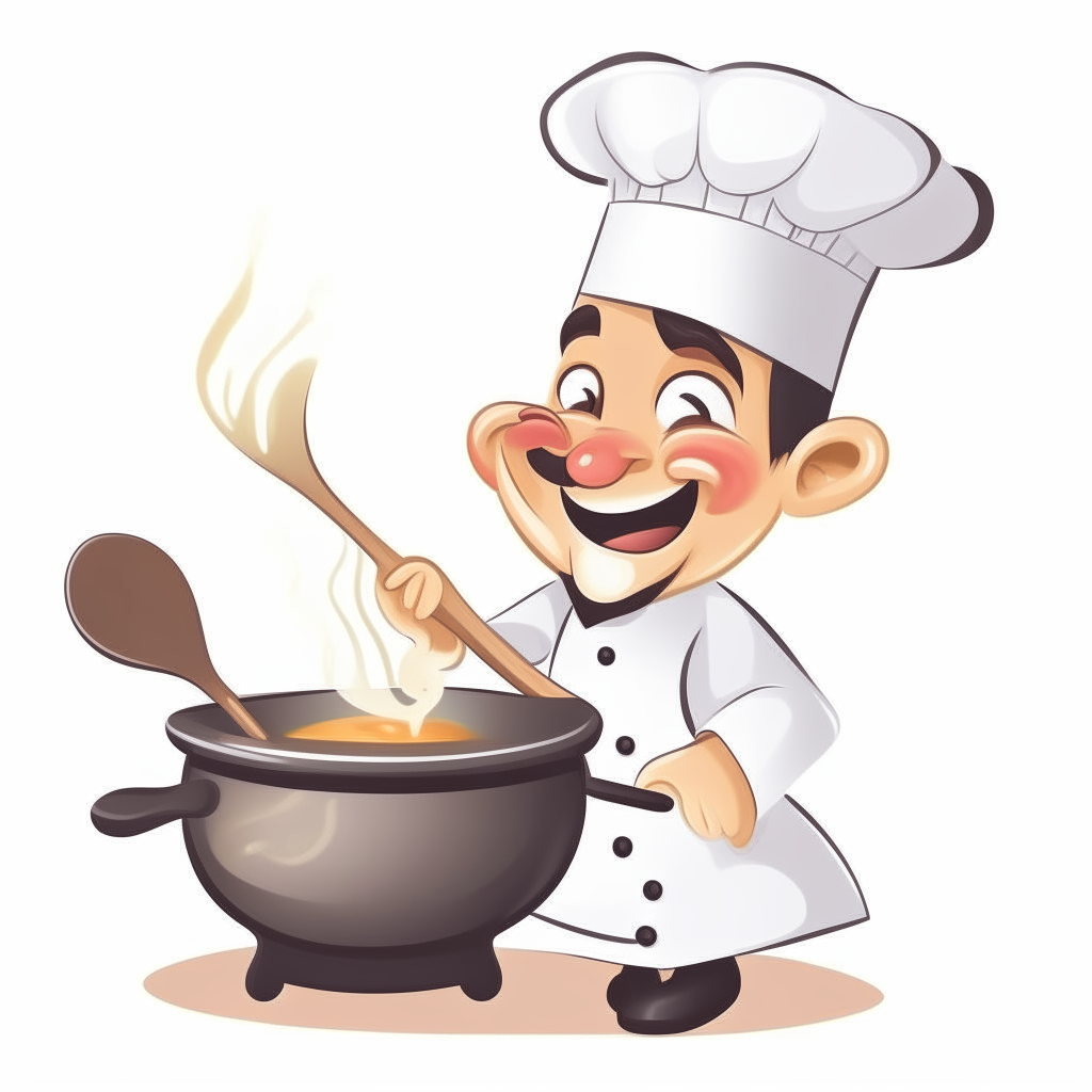 a cute cartoon of a smiling chef in a white hat stirring food in a pot with a spoon, isolated on a white background