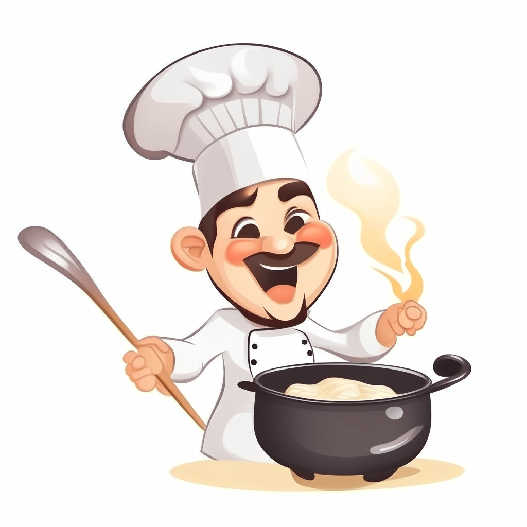 a cute cartoon of a smiling chef in a white hat stirring food in a pot with a spoon, isolated on a white background
