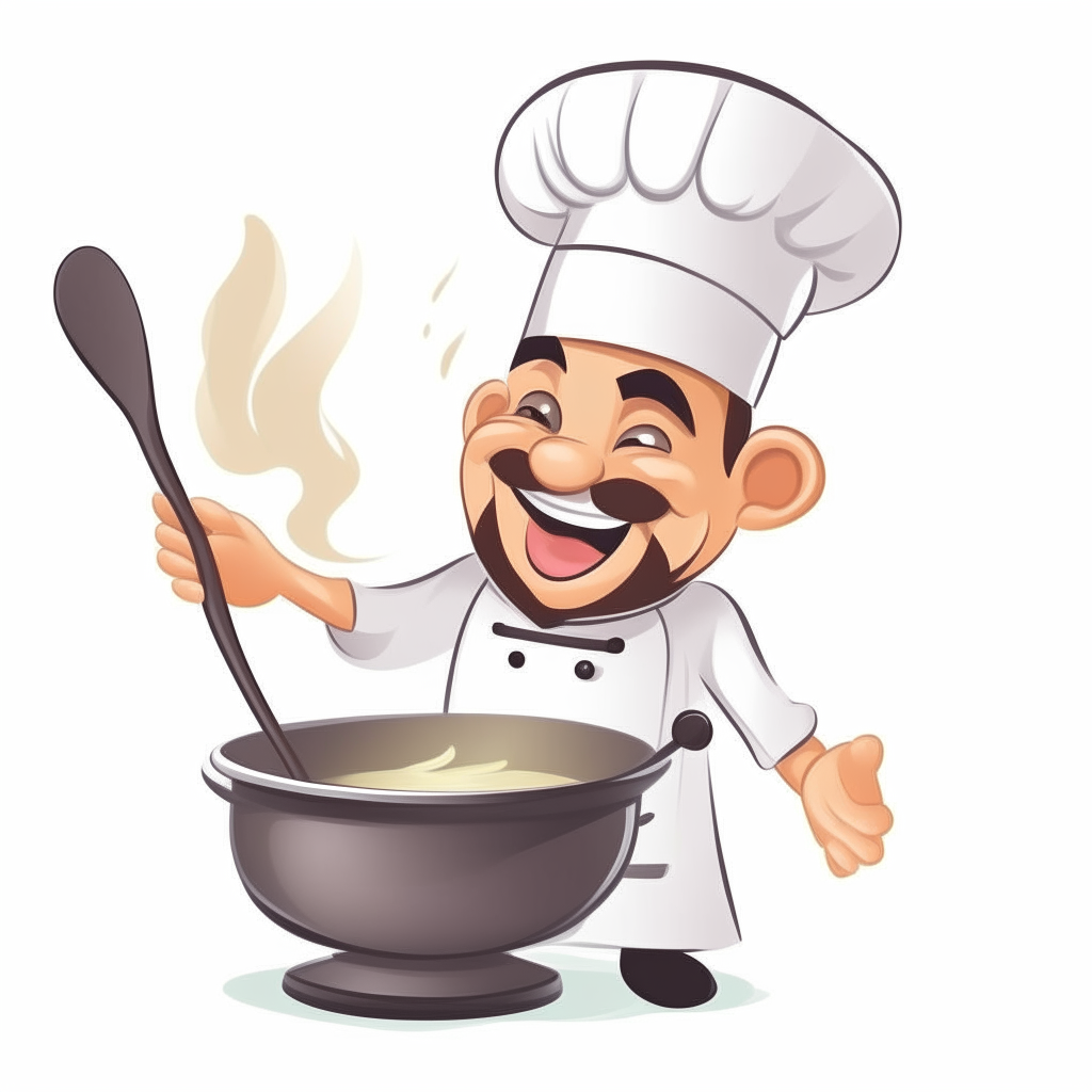a cute cartoon of a smiling chef in a white hat stirring food in a pot with a spoon, isolated on a white background