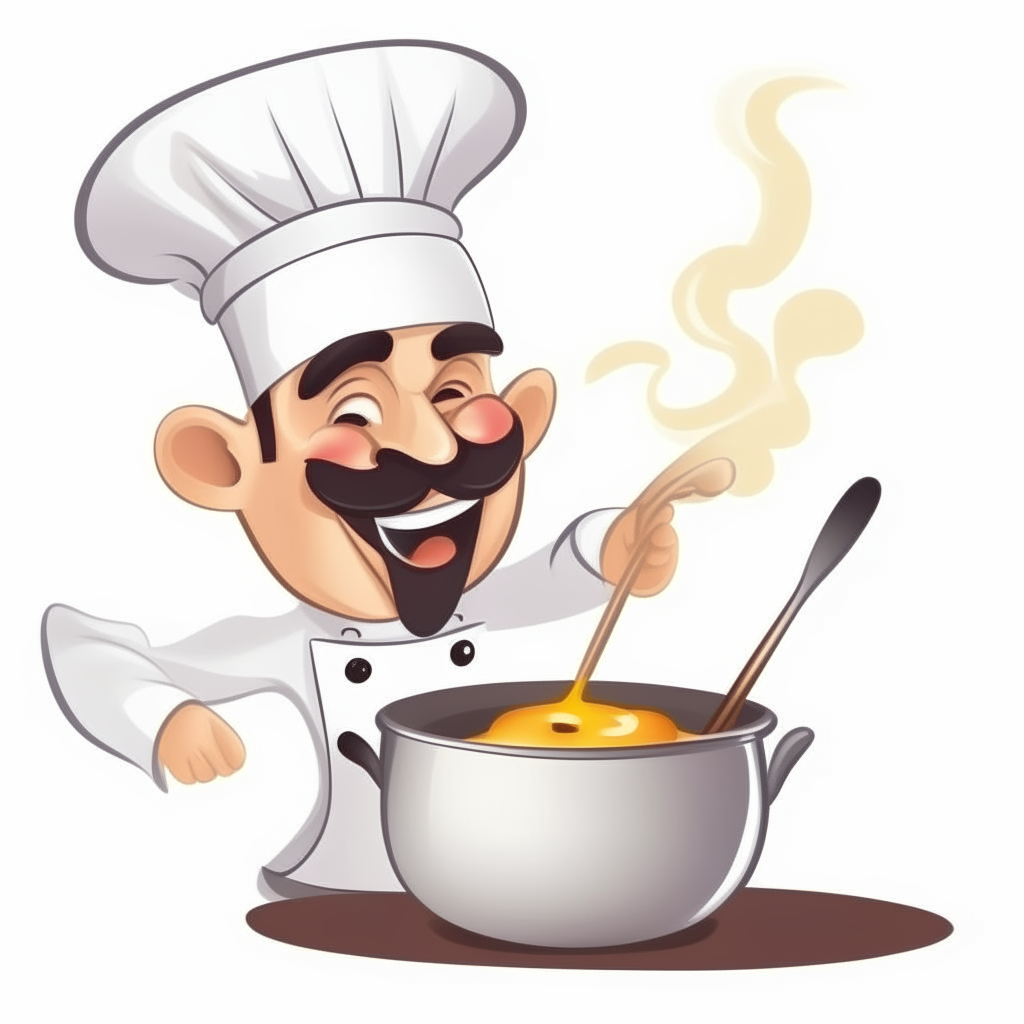 a cute cartoon of a smiling chef in a white hat stirring food in a pot with a spoon, isolated on a white background