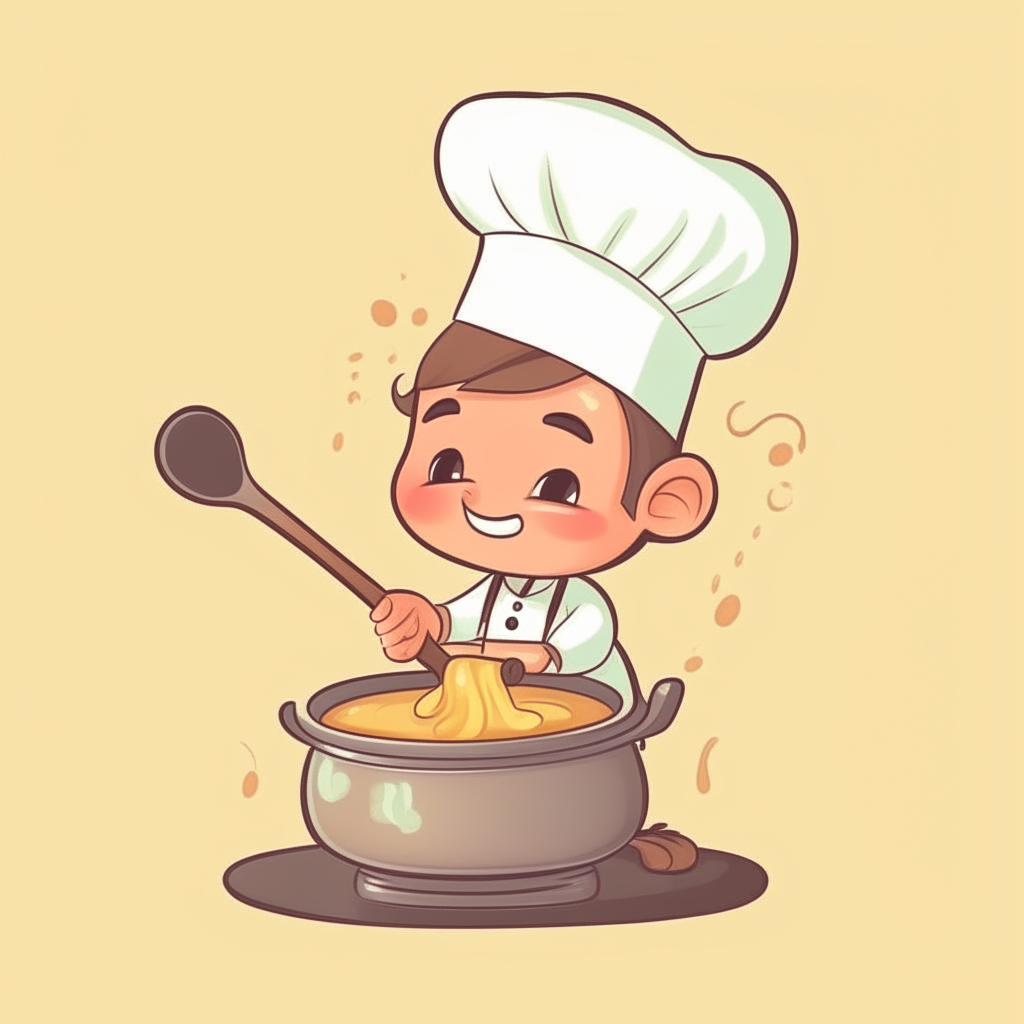 cute cartoon of a chef stirring food in a pot