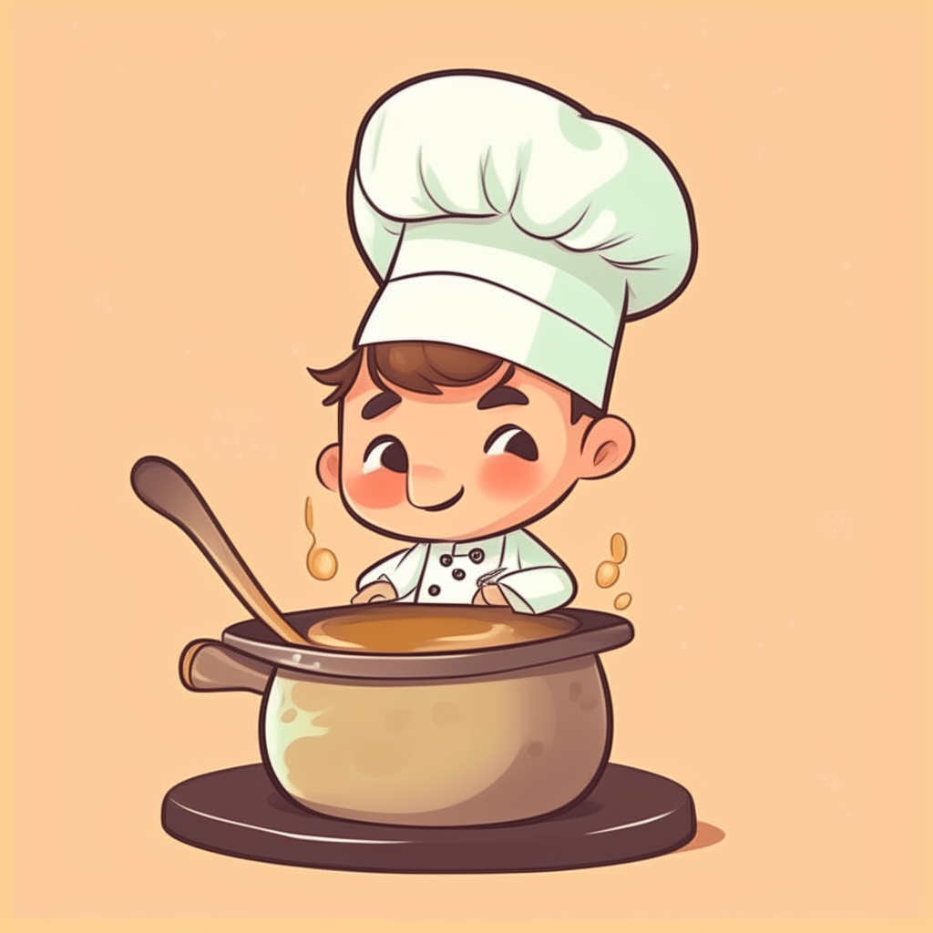 cute cartoon of a chef stirring food in a pot