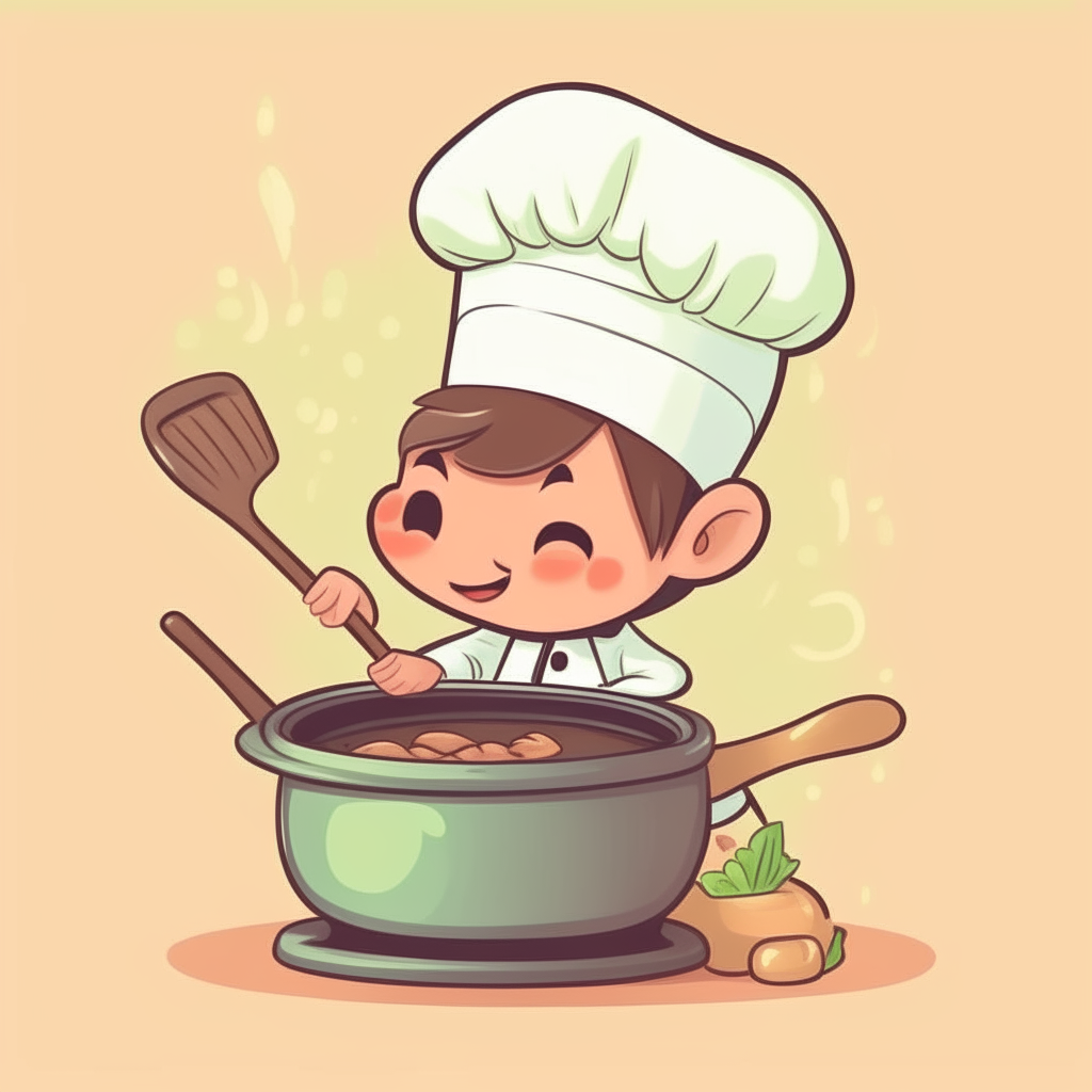 cute cartoon of a chef stirring food in a pot