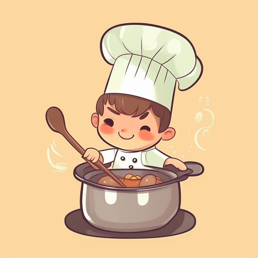 cute cartoon of a chef stirring food in a pot