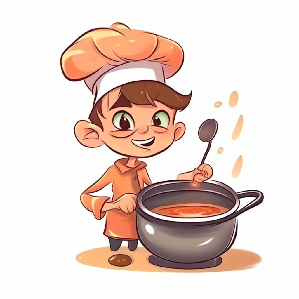 cartoon of a chef boy stirring food in a pot