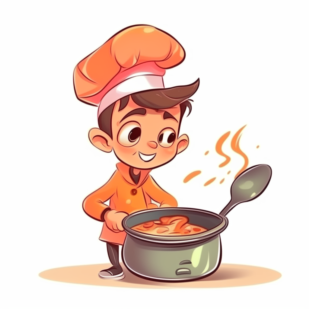cartoon of a chef boy stirring food in a pot