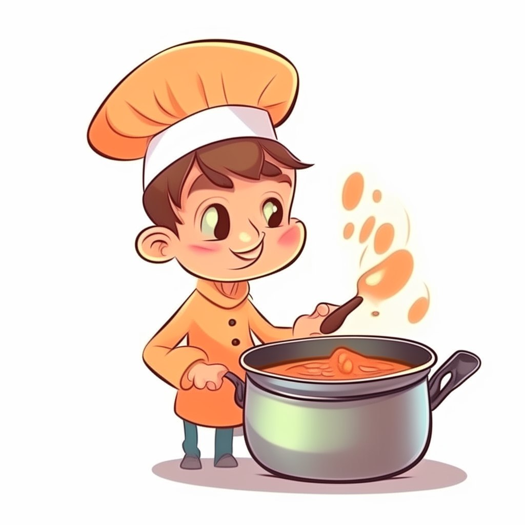 cartoon of a chef boy stirring food in a pot