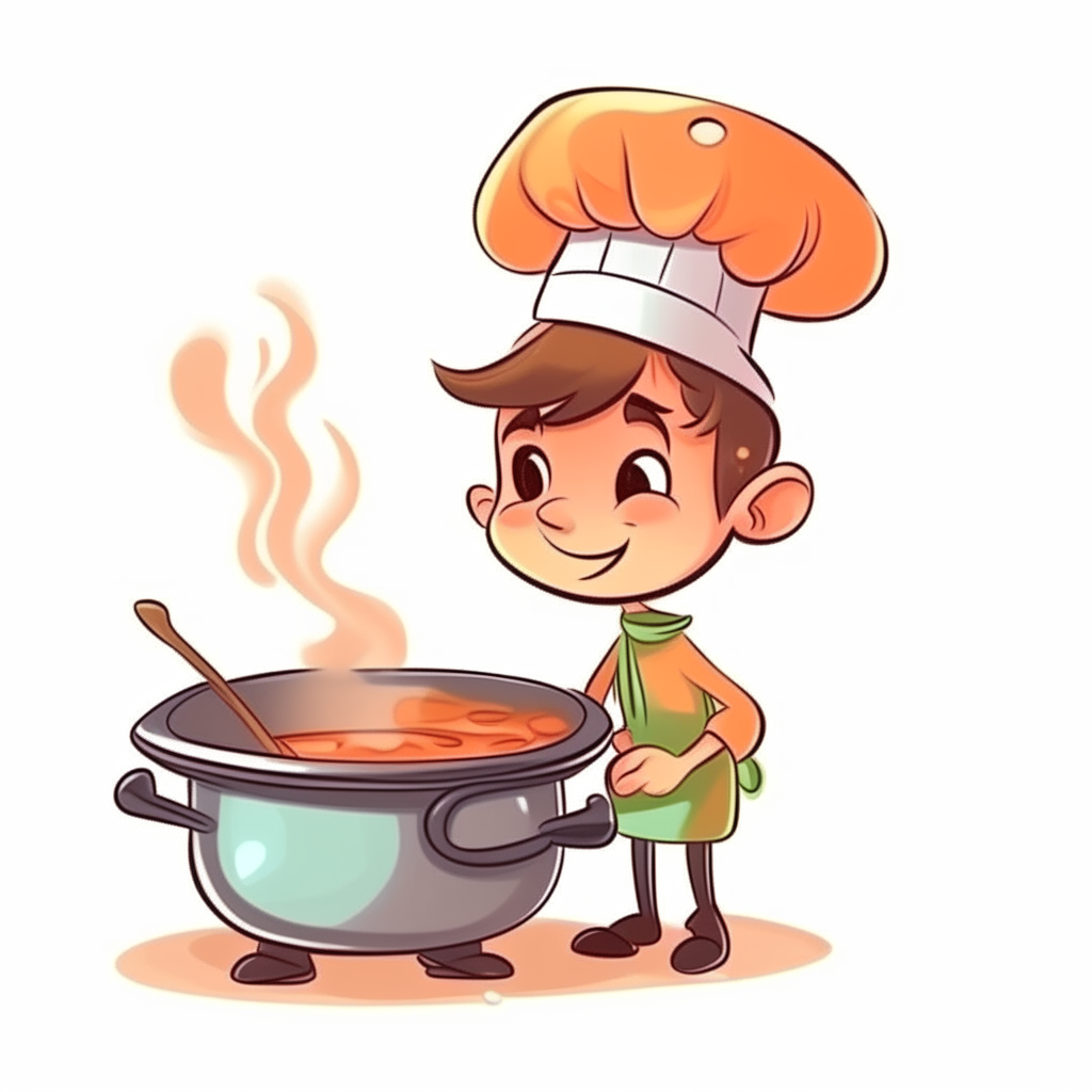 cartoon of a chef boy stirring food in a pot