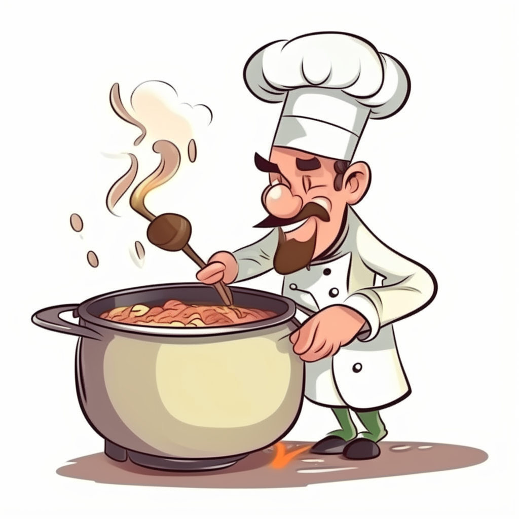 cartoon of a chef man stirring food in a pot