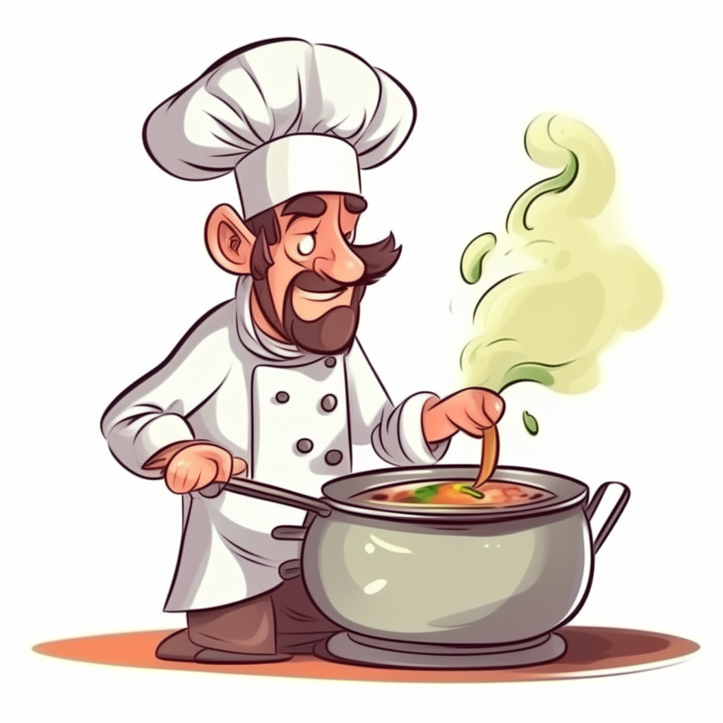 cartoon of a chef man stirring food in a pot
