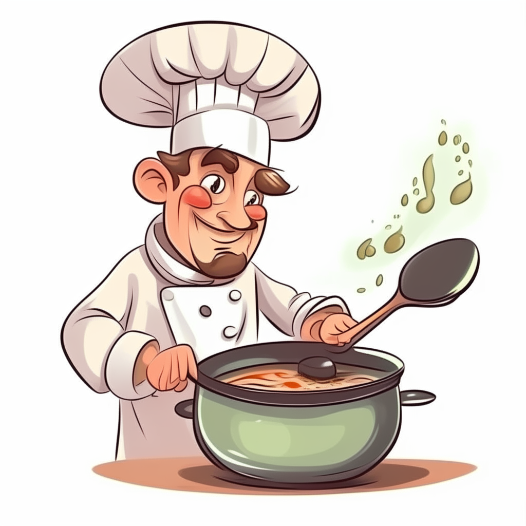 cartoon of a chef man stirring food in a pot
