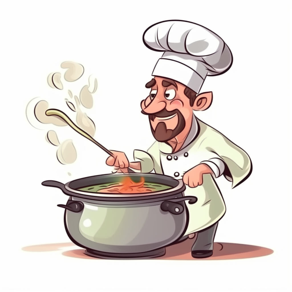 cartoon of a chef man stirring food in a pot