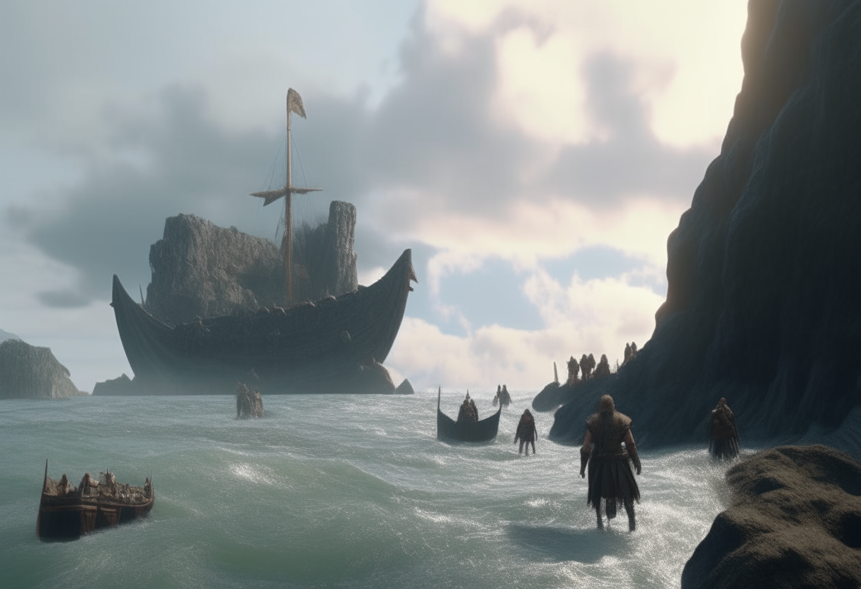 Giants Lestrygons throwing rocks from the steepy coast to the ships into the sea, cinematic, highly detailed

