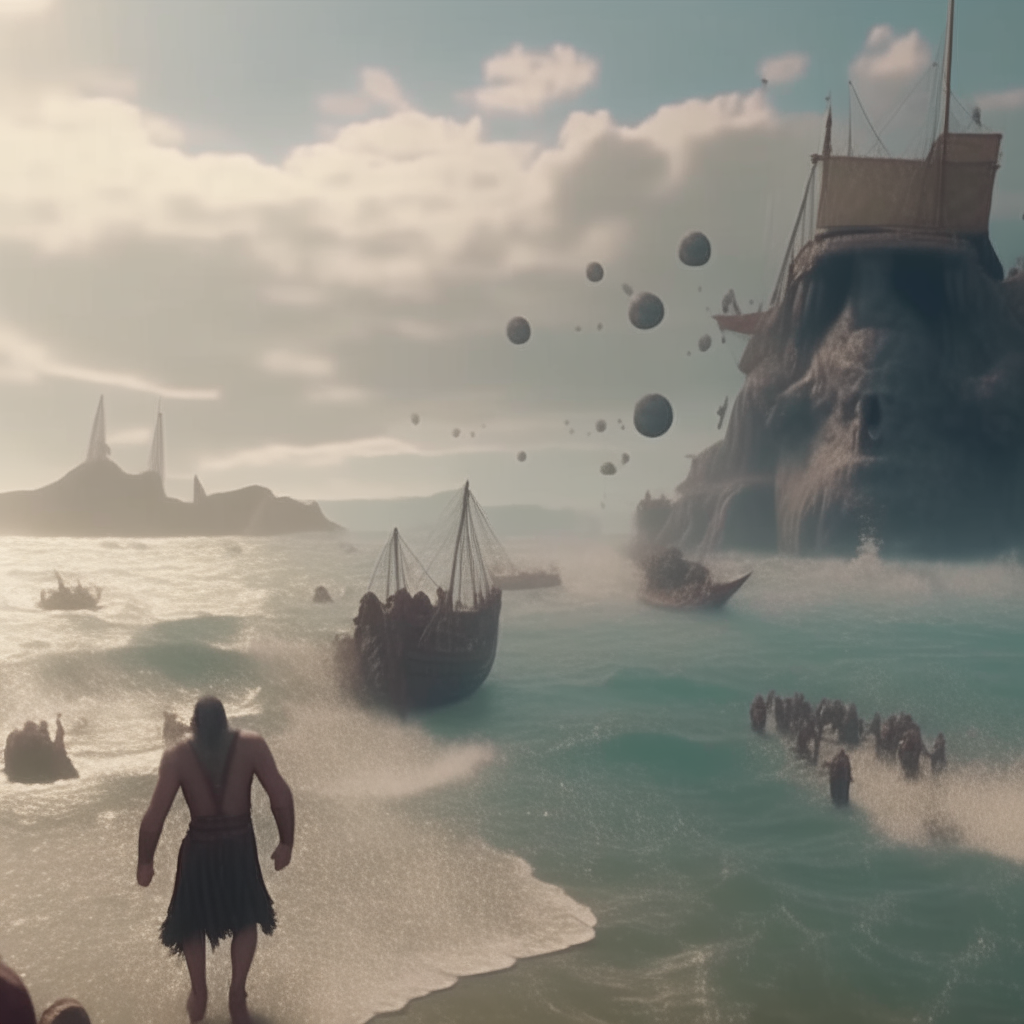 Ancient Giants throwing rocks from the coast to the ships into the sea, cinematic, highly detailed