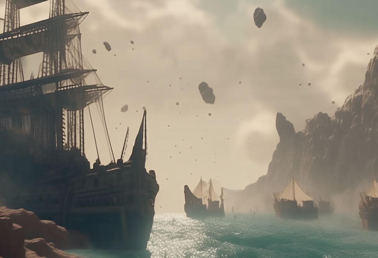 Ancient Giants throwing rocks from the hills down to the ships into the sea, cinematic, highly detailed