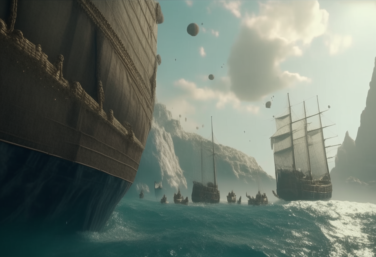 Ancient Giants throwing rocks from the hills down to ancient greek ships into the sea, cinematic, highly detailed, seen from the bottom 
