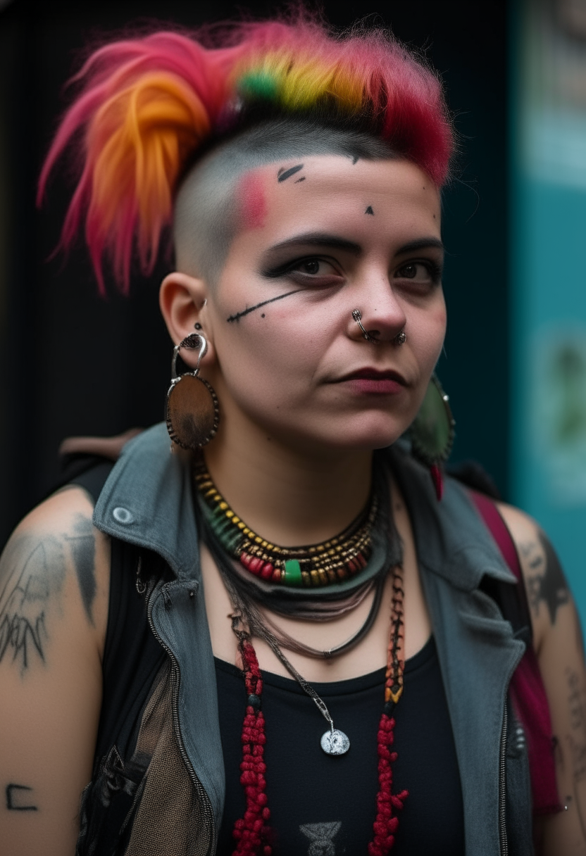 una mujer orco joven de cuerpo entero, con ropa y accesorios de estilo punk alternativo, en un entorno natural