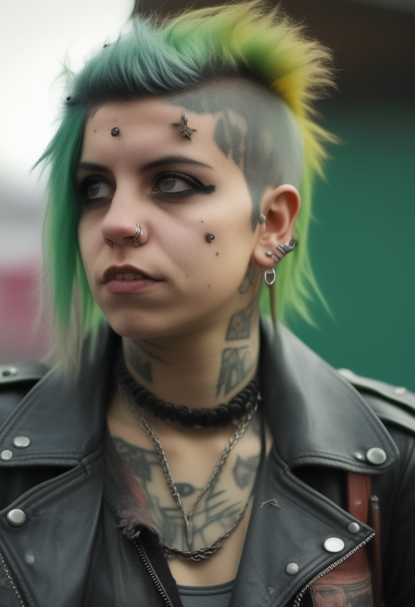 una mujer orco joven de cuerpo entero, con piel de tono verdoso claro y ropa de estilo punk alternativo