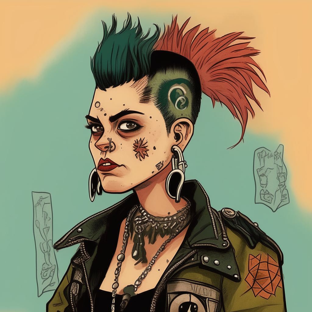 una ilustración estilizada de una mujer orco con piel verdosa, usando ropa punk como chaqueta de cuero y aretes