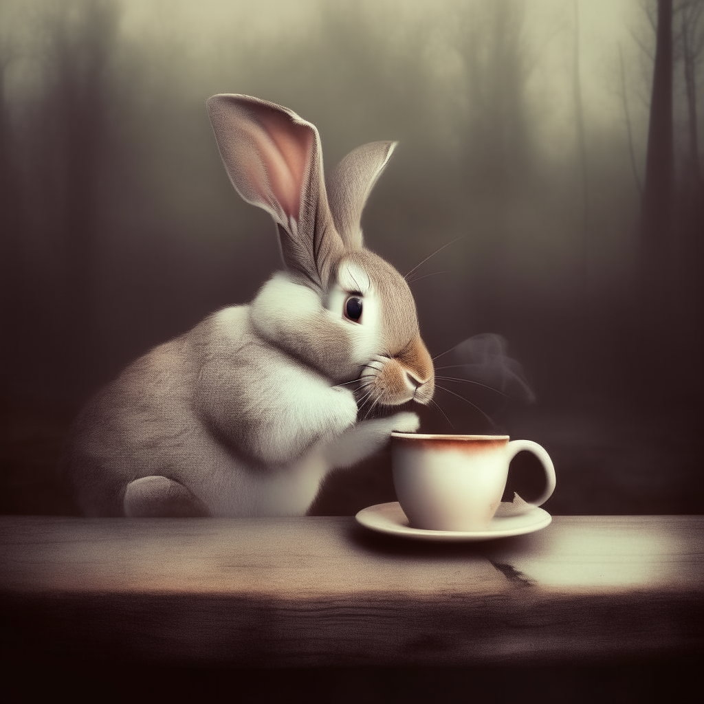 bunny drinking coffe. surreal.