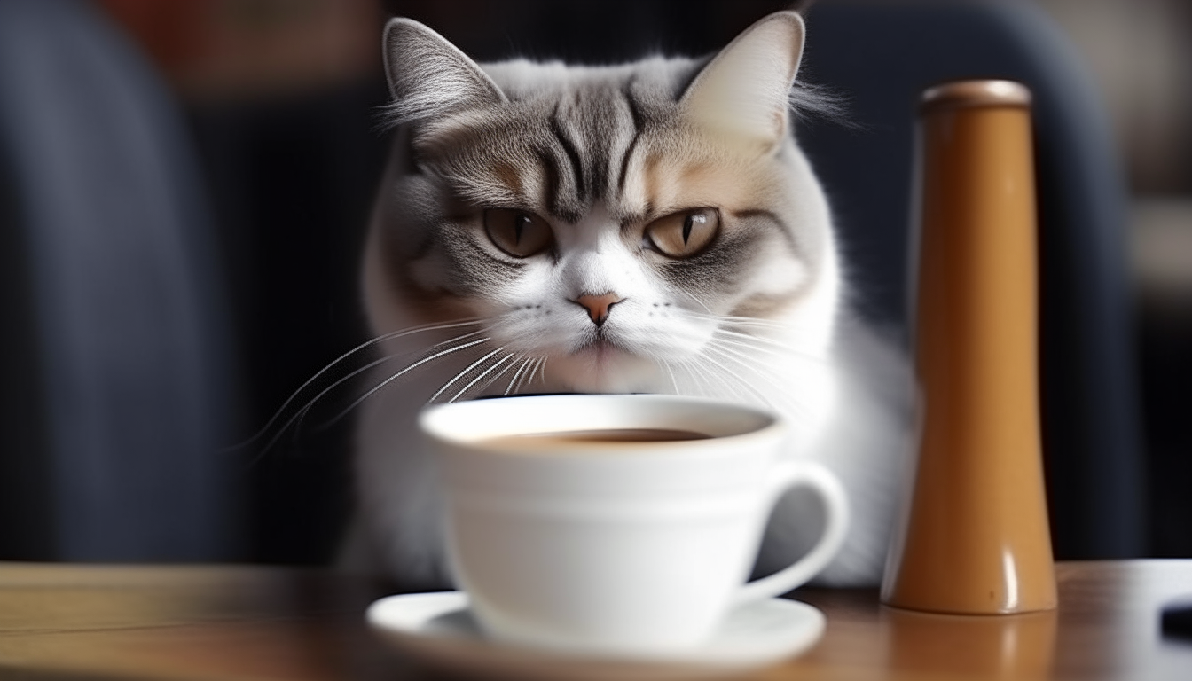 cute cat drink coffee.